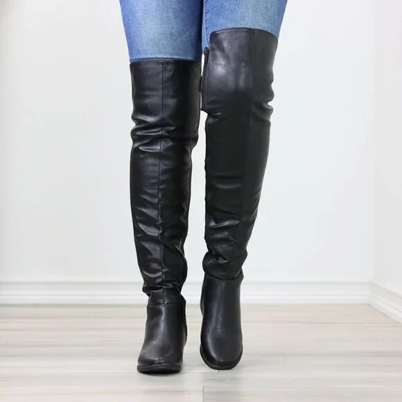 Low Heel Thigh High Boots Over The Knee Faux Leather & Stretchy Material Mix - Picture 4 of 15